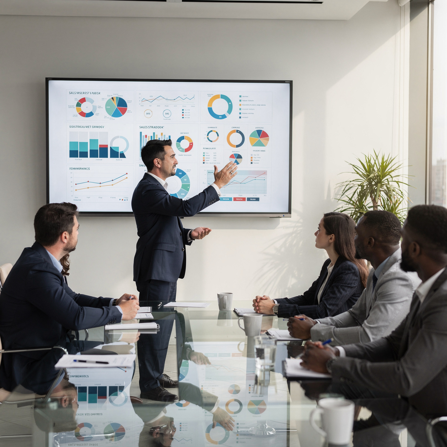 flux pro 2.0 business professional presenting sales strategy on a screen with charts and grap 0