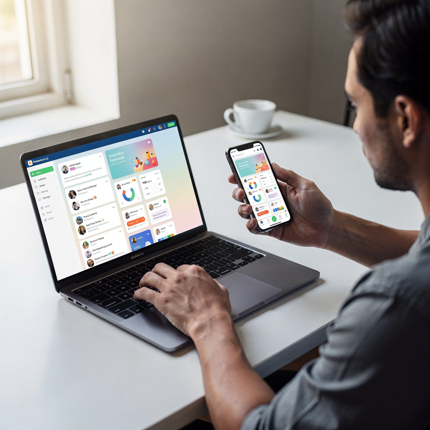 flux pro 2.0 person using laptop and smartphone simultaneously managing social media and busi 0