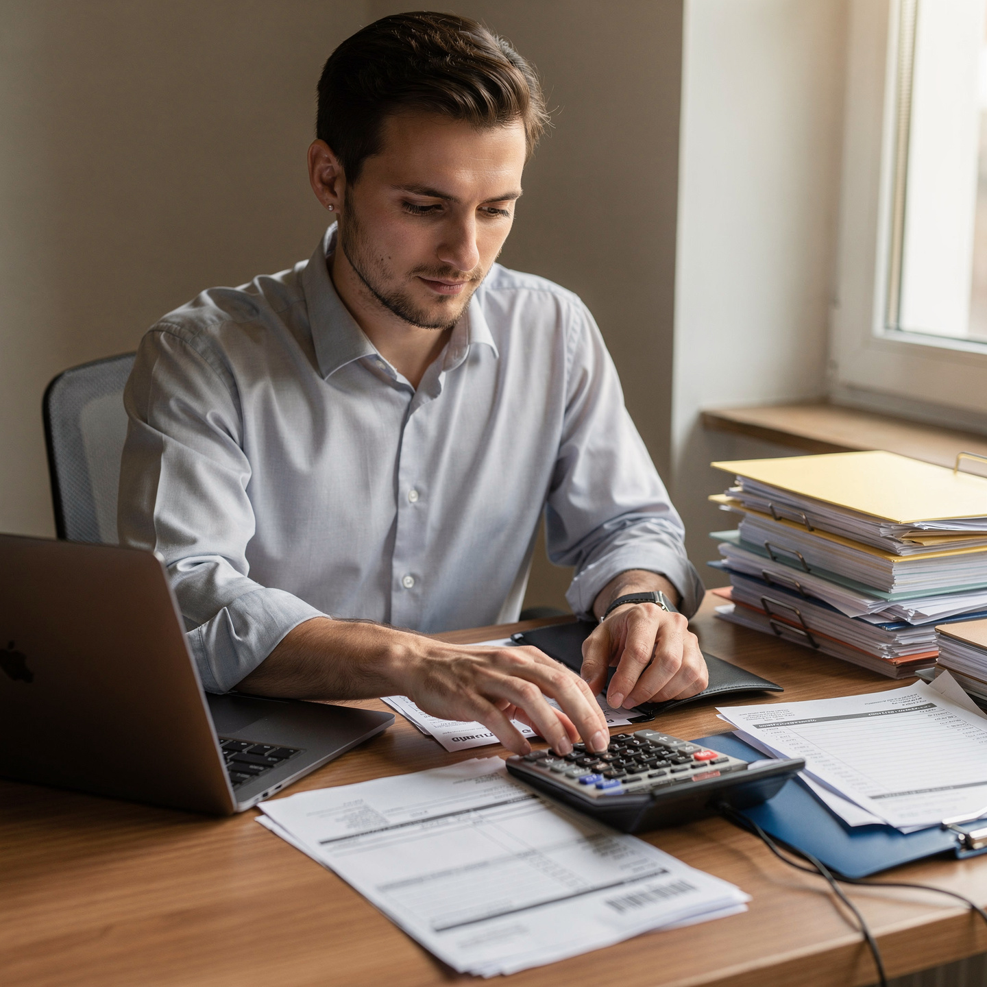 flux pro 2.0 small business owner organizing invoices and finances at a desk laptop calculato 0