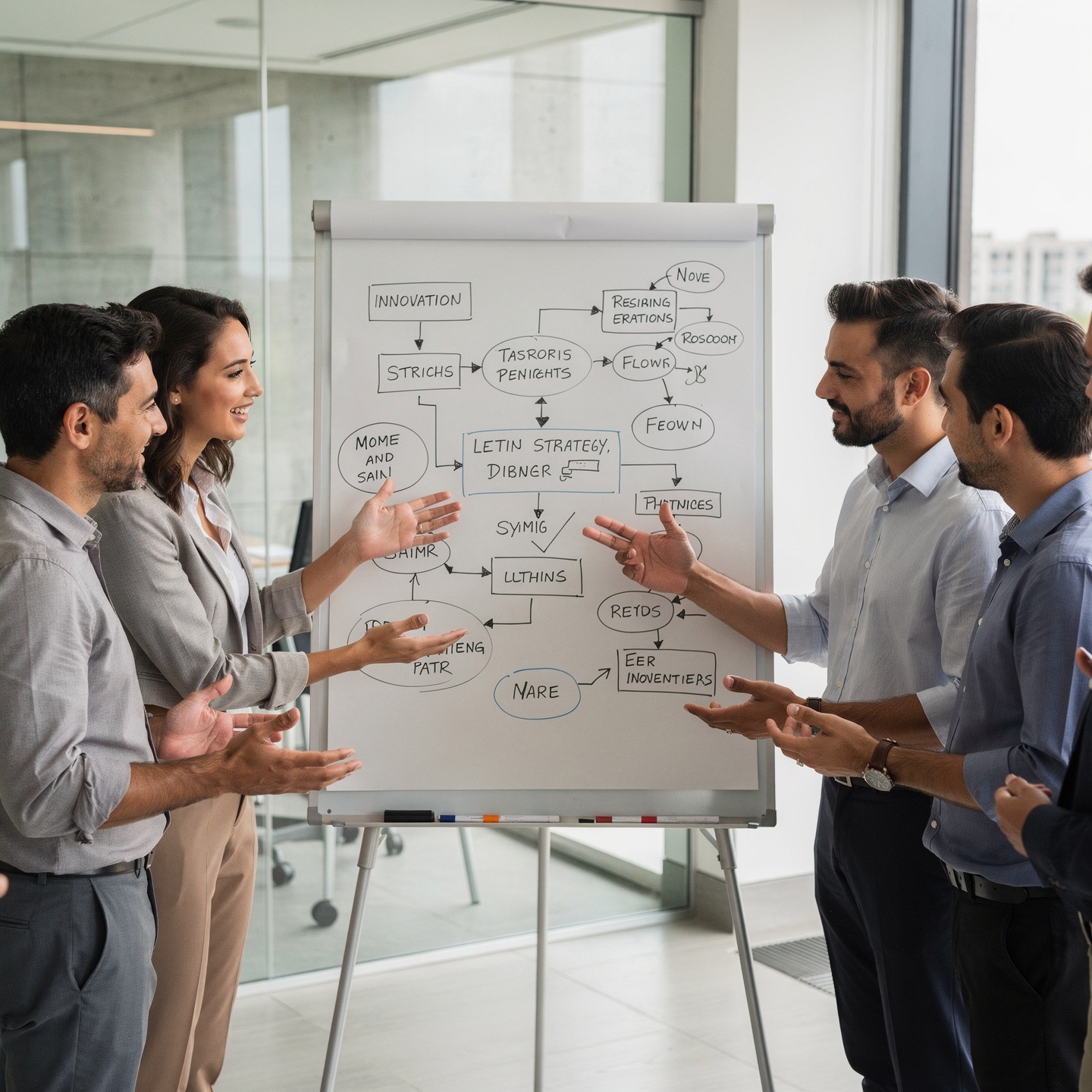 flux pro 2.0 team brainstorming business model on a whiteboard filled with diagrams and ideas 0