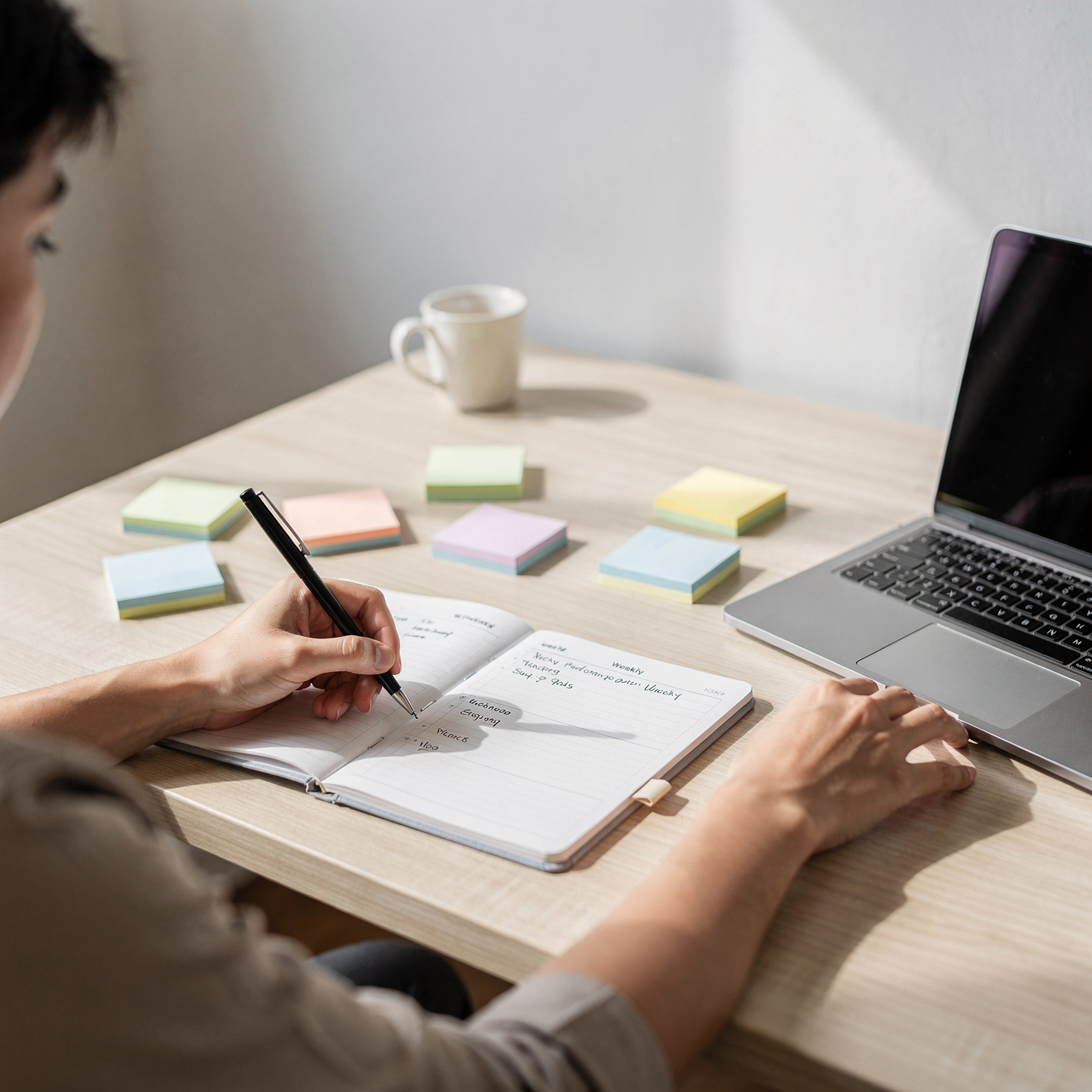 flux pro 2.0 workspace with planner laptop and sticky notes person writing and organizing tas 0