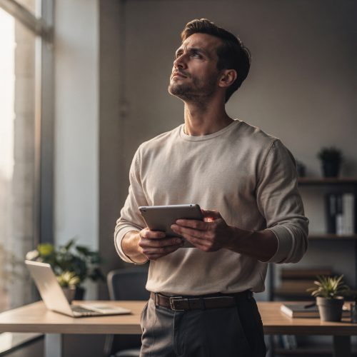 flux pro 2.0 confident entrepreneur standing in a modern workspace looking forward with deter 0